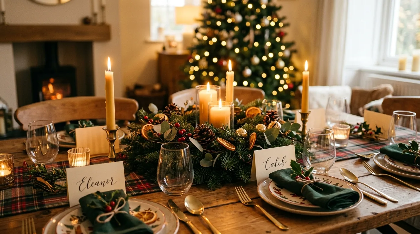 Cozy evening Christmas table with place cards, wreath centerpiece, and candles.